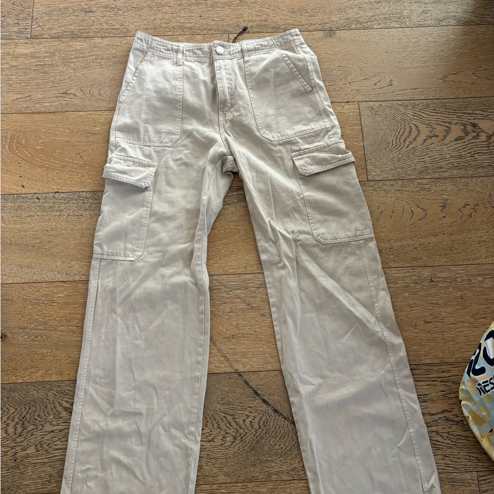 Zara Cream Cargo Pants Straight Leg Utility Style